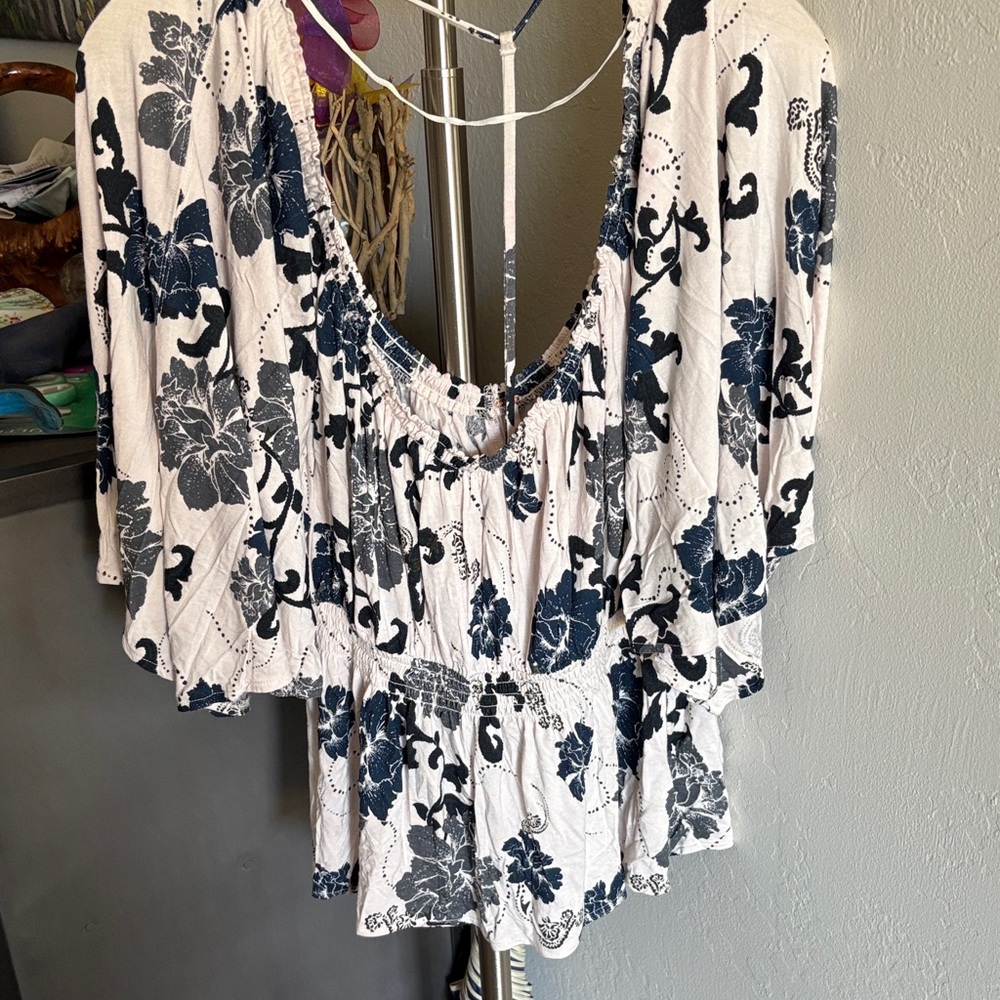 Free People Navy and White Floral Blouse